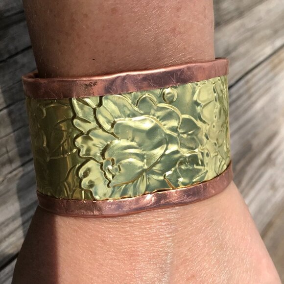 Rose Brass Copper Cuff Bracelet Wide Bohemian Floral Statement Unisex Cowboy - Picture 5 of 9